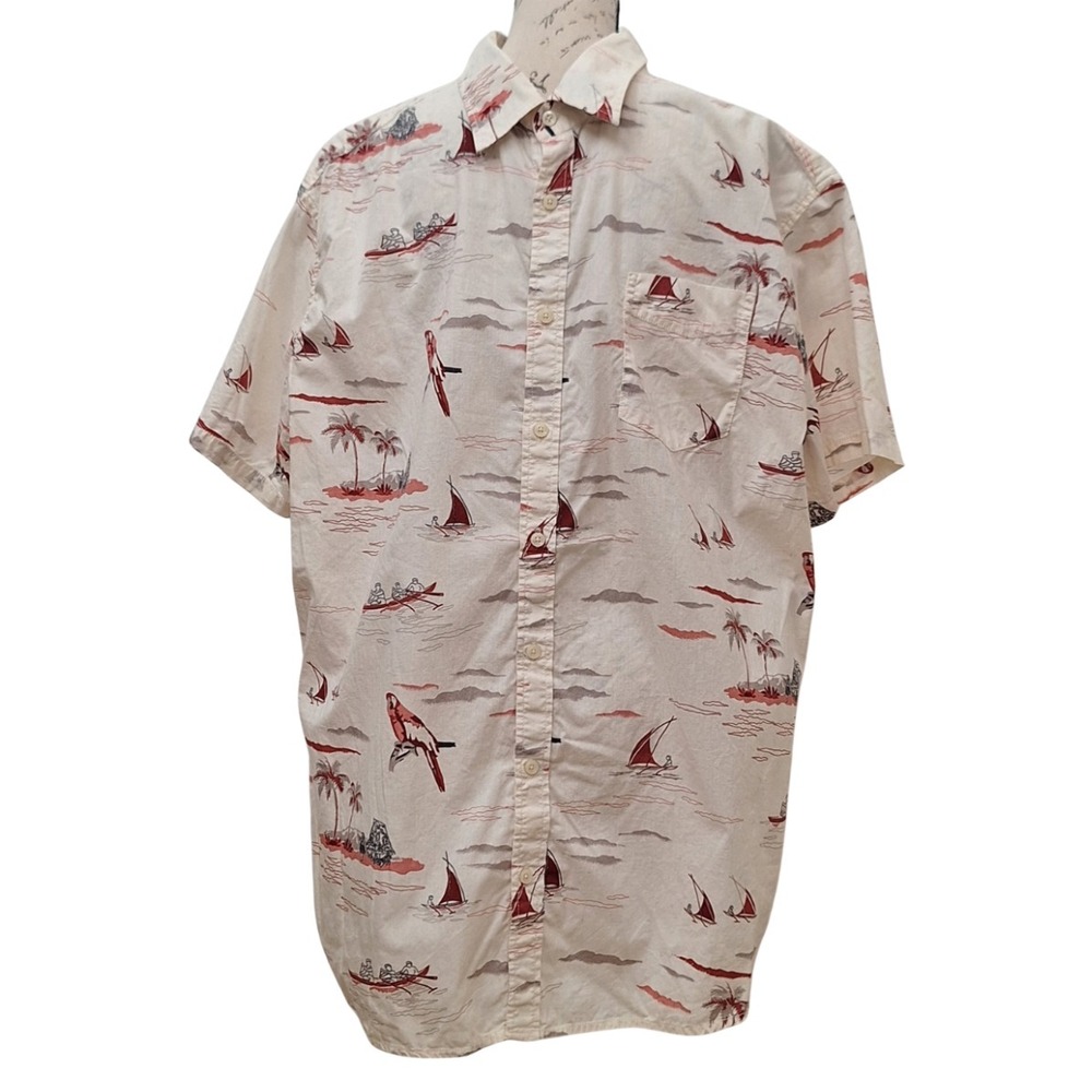Mossimo Mens Island Boat Parrot Print Button Up Shirt XXL Cotton Vacation Casual